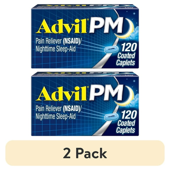 (2 pack) Advil PM Sleep Aid Pain Relievers, Ibuprofen, Diphenhydramine, Coated Caplet, 120 Count