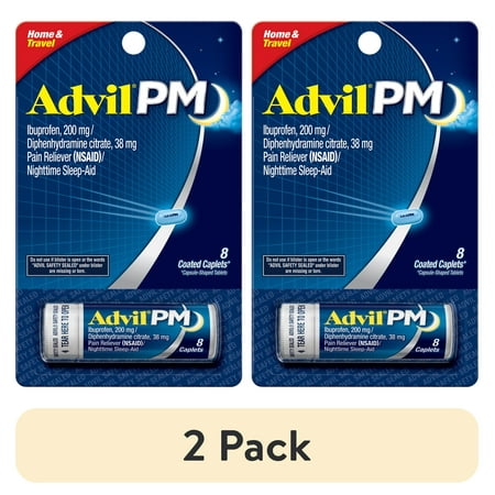 (2 pack) Advil PM Sleep Aid Pain Relievers, Ibuprofen, Diphenhydramine, Coated Caplet, 8 Count
