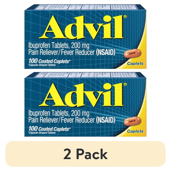 (2 pack) Advil Pain Reliever and Fever Reducer Coated Caplets, Ibuprofen 200Mg Pain Relief, 100 Count