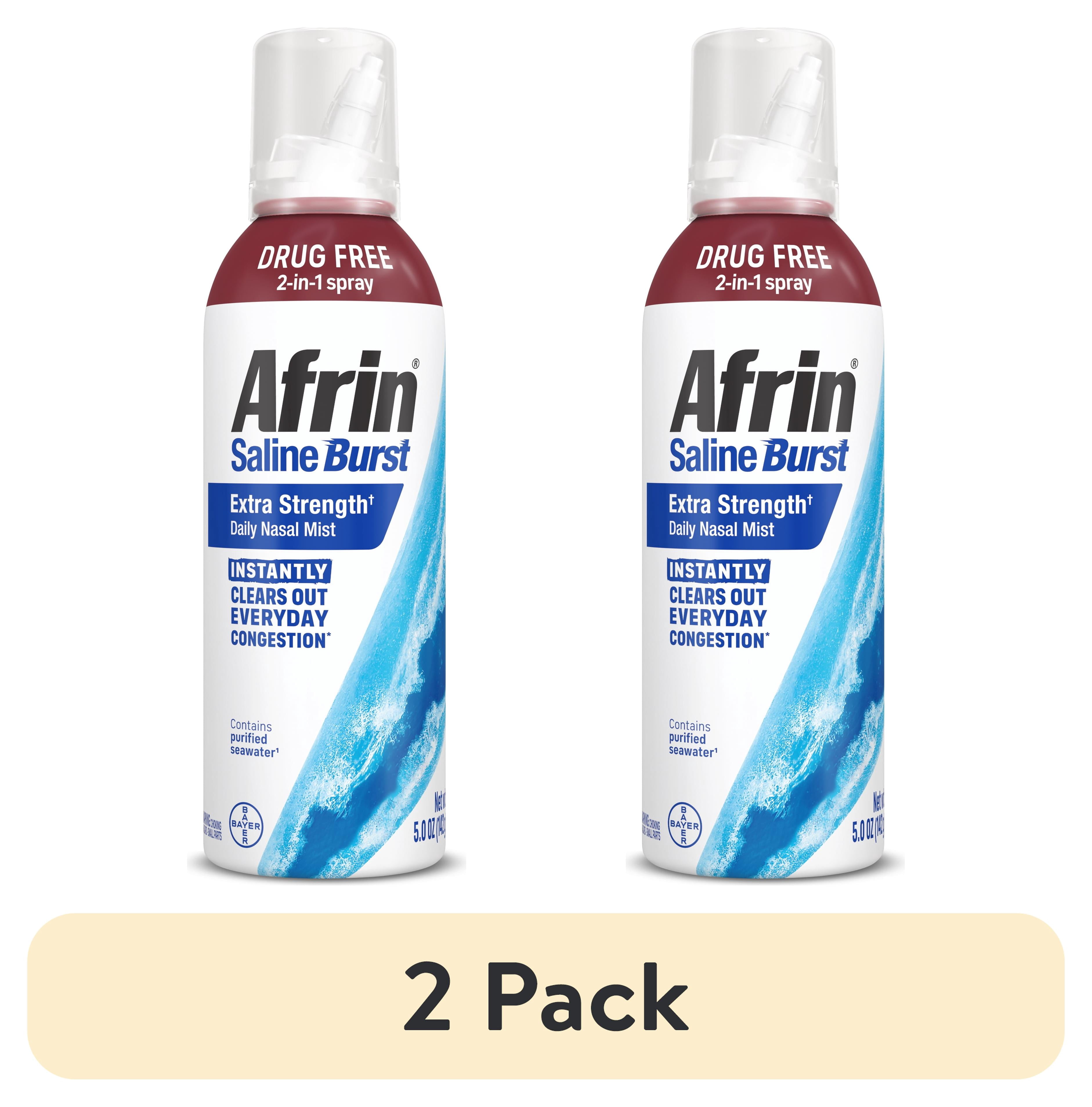 (2 pack) Afrin Saline Burst Extra Strength Daily Nasal Mist, Nose Spray for Everyday Congestion Relief, Hypertonic Seawater Saline Nasal Spray with Dual Nozzle, Drug Free Sinus Rinse, 5 oz
