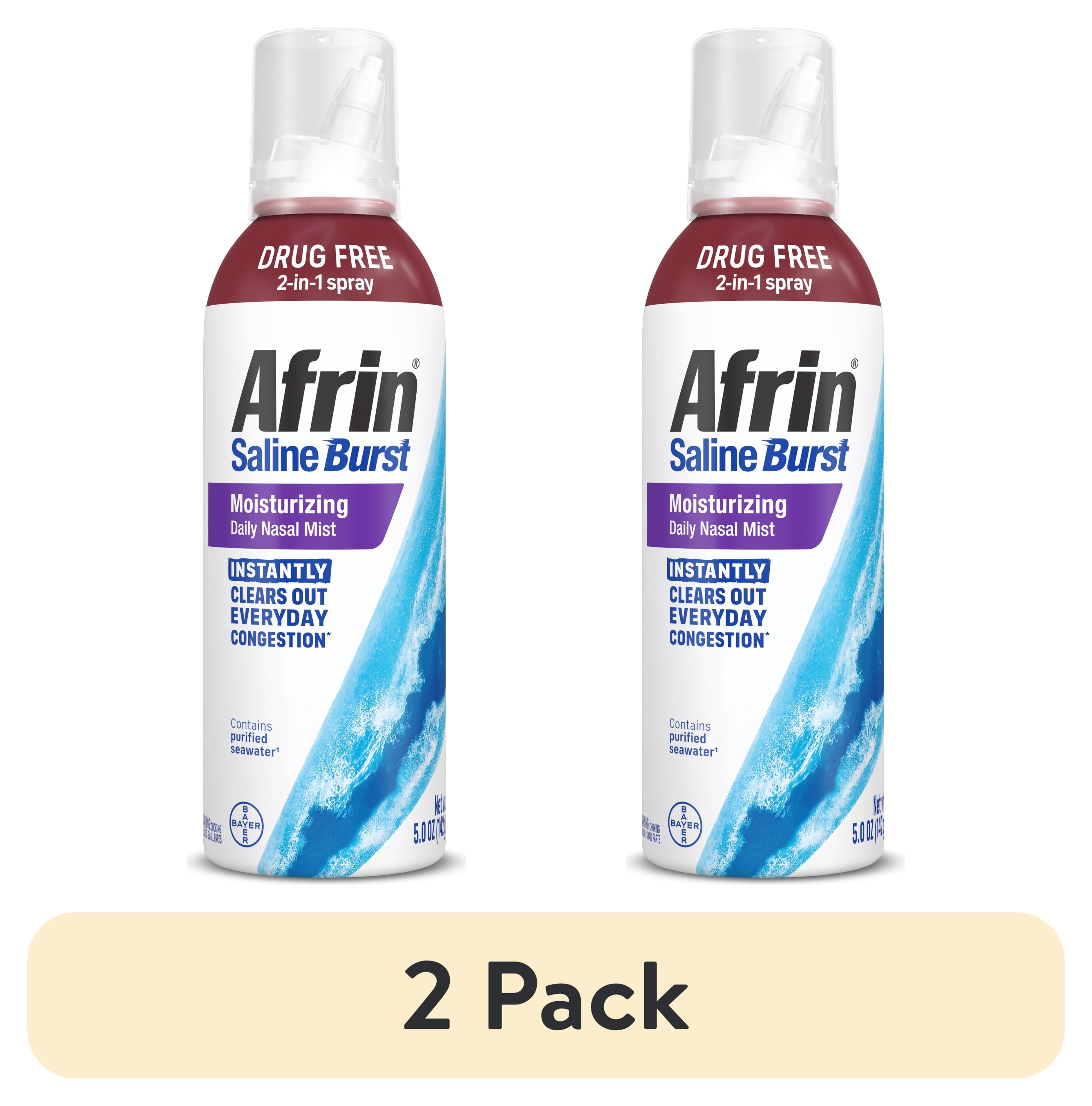 (2 pack) Afrin Saline Burst Moisturizing Daily Mist, Drug Free Isotonic Seawater Saline Nasal Spray with Dual Nozzle for Everyday Congestion and Dry Nose, Sinus Rinse for Nasal Irrigation, 5oz