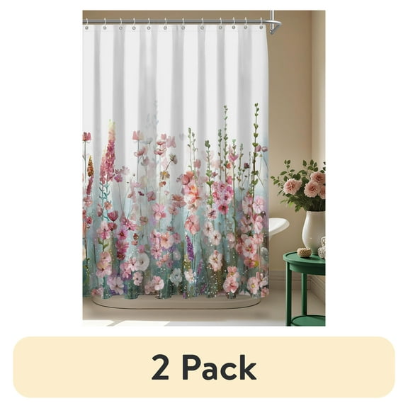 (2 pack) Afuly Floral Shower Curtain for Bathroom Colorful Flowers Pink Wildflower Plants Decor Nature Shower Curtains with Hooks, 72 x 72 inch