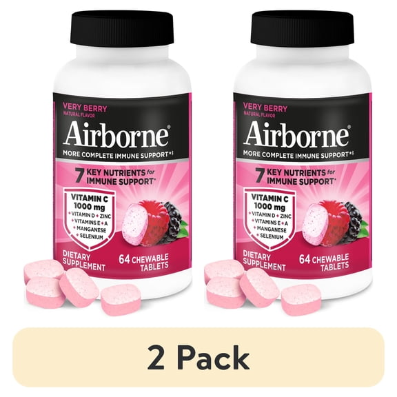 (2 pack) Airborne 1000mg Vitamin C Immune Support Chewable Tablets, Multivitamin Supplement, Very Berry Flavor, 64 ct