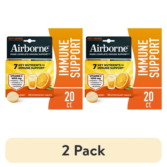 (2 pack) Airborne 1000mg Vitamin C Immune Support Effervescent Tablets, Multivitamin Supplement, Zesty Orange Flavor, 20 ct