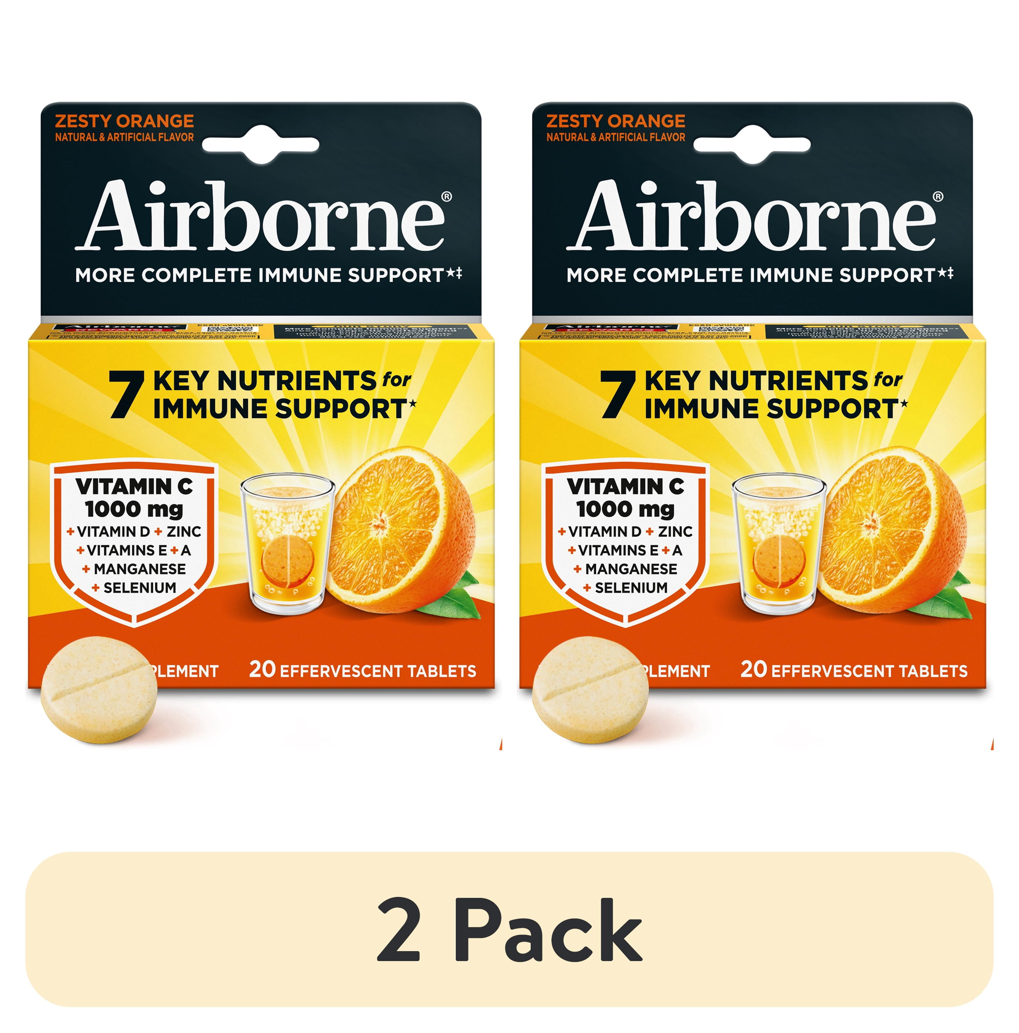 (2 pack) Airborne 1000mg Vitamin C Immune Support Effervescent Tablets, Multivitamin Supplement, Zesty Orange Flavor, 20 ct