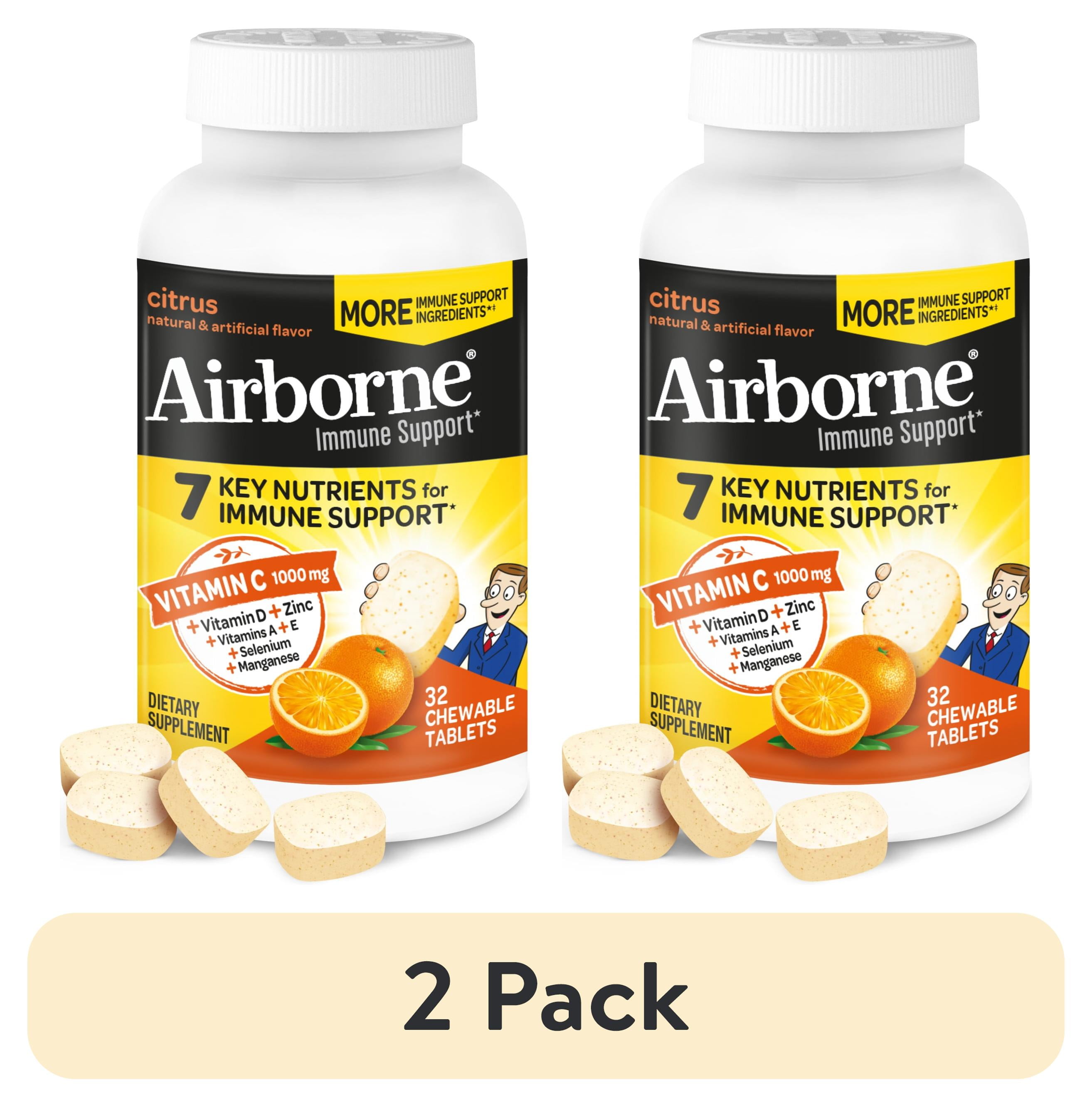 (2 pack) Airborne 1000mg Vitamin C Immune Support Multivitamin Effervescent Tablets, Citrus Flavor, 32 ct