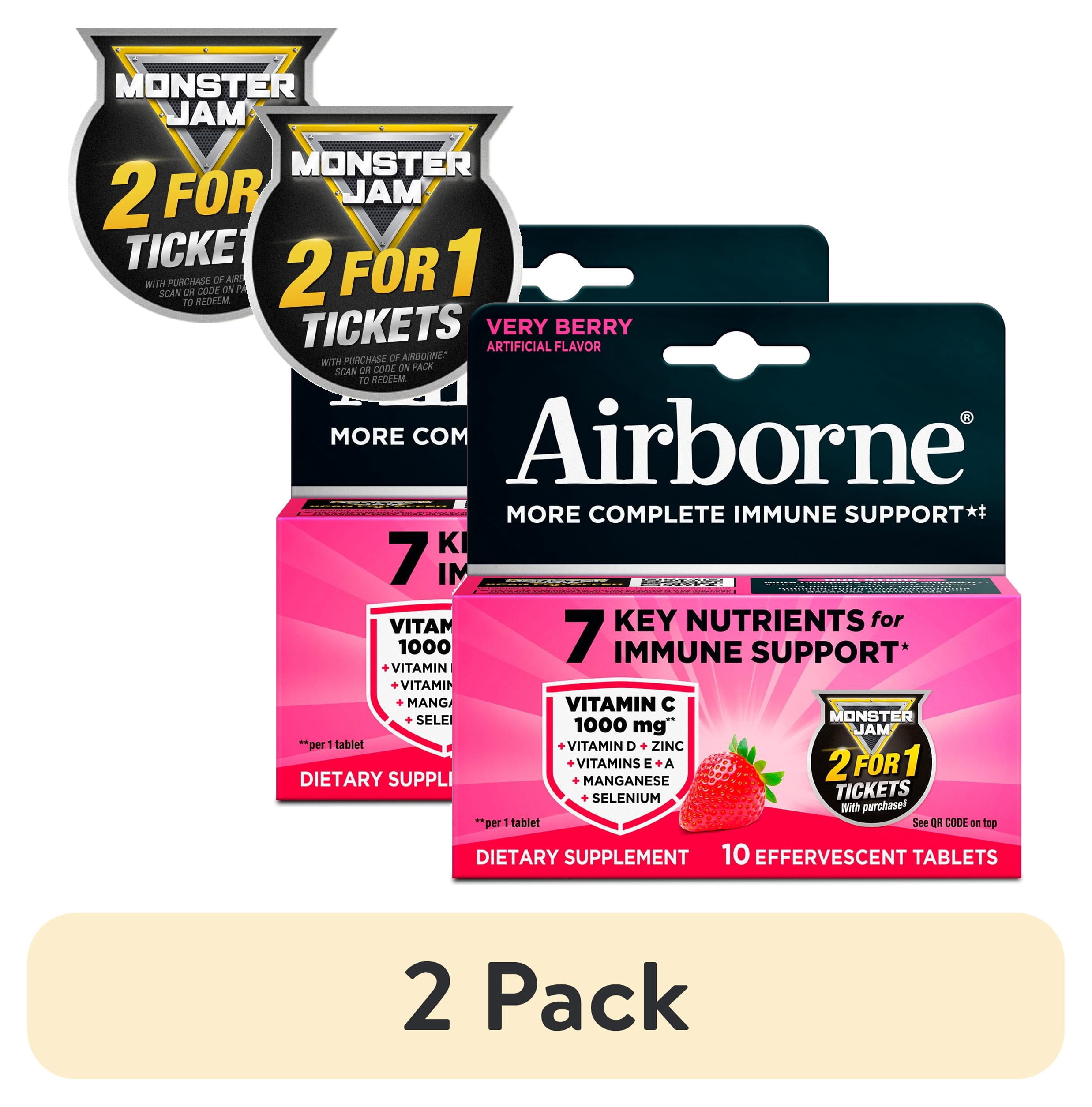 (2 pack) Airborne 1000mg Vitamin C Immune Support Multivitamin Effervescent Tablets, Very Berry Flavor, 10 ct