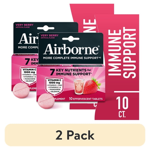 (2 pack) Airborne 1000mg Vitamin C Immune Support Multivitamin Effervescent Tablets, Very Berry Flavor, 10 ct