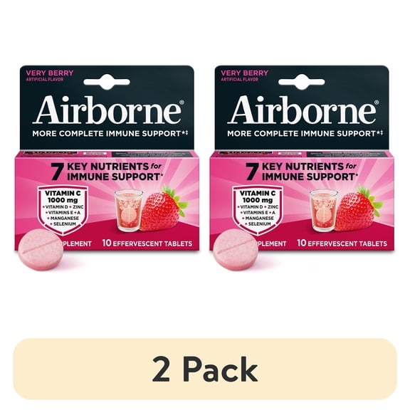 (2 pack) Airborne 1000mg Vitamin C Immune Support Multivitamin Effervescent Tablets, Very Berry Flavor, 10 ct