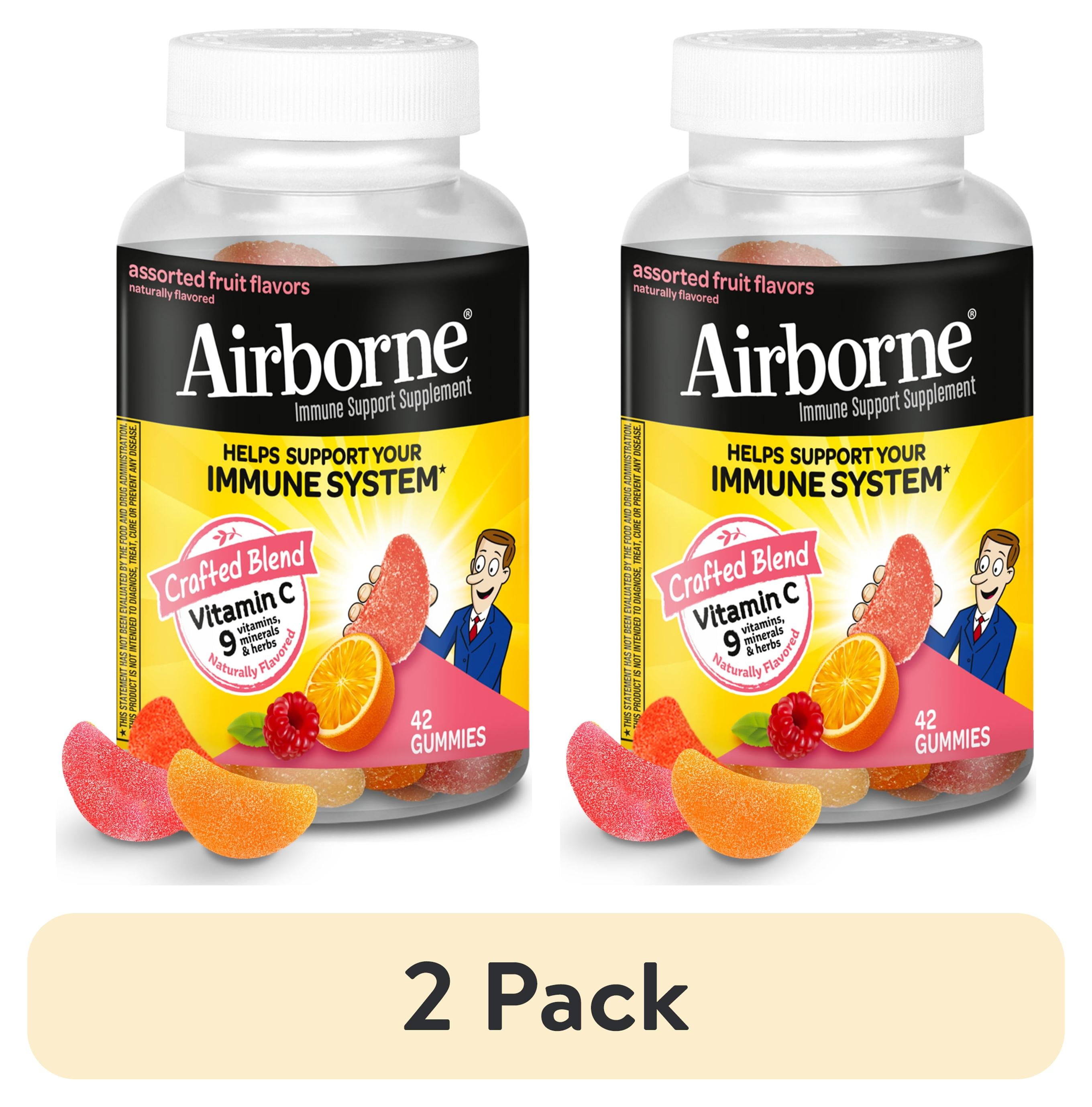(2 pack) Airborne 750mg Vitamin C Immune Support Gummies, Multivitamin Supplement, Assorted Fruit Flavor, 42 ct