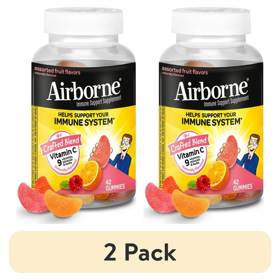 (2 pack) Airborne 750mg Vitamin C Immune Support Gummies, Multivitamin Supplement, Assorted Fruit Flavor, 42 ct