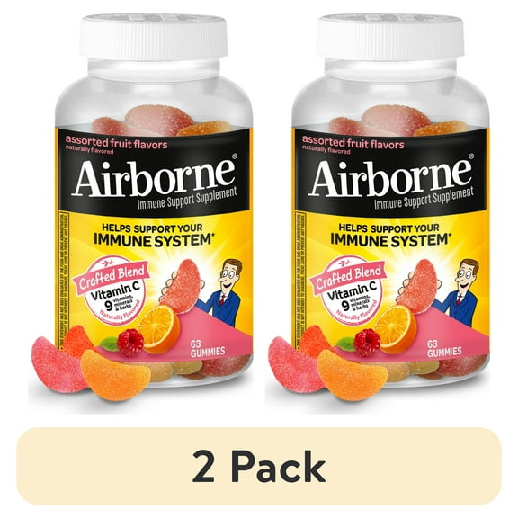 (2 pack) Airborne 750mg Vitamin C Immune Support Gummies, Multivitamin Supplement, Assorted Fruit Flavor, 63 ct