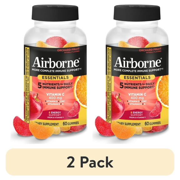 (2 pack) Airborne Immune Essentials Vitamin C Gummies, Multivitamin Immunity Support Supplement, Assorted Fruit Flavor, 60 count