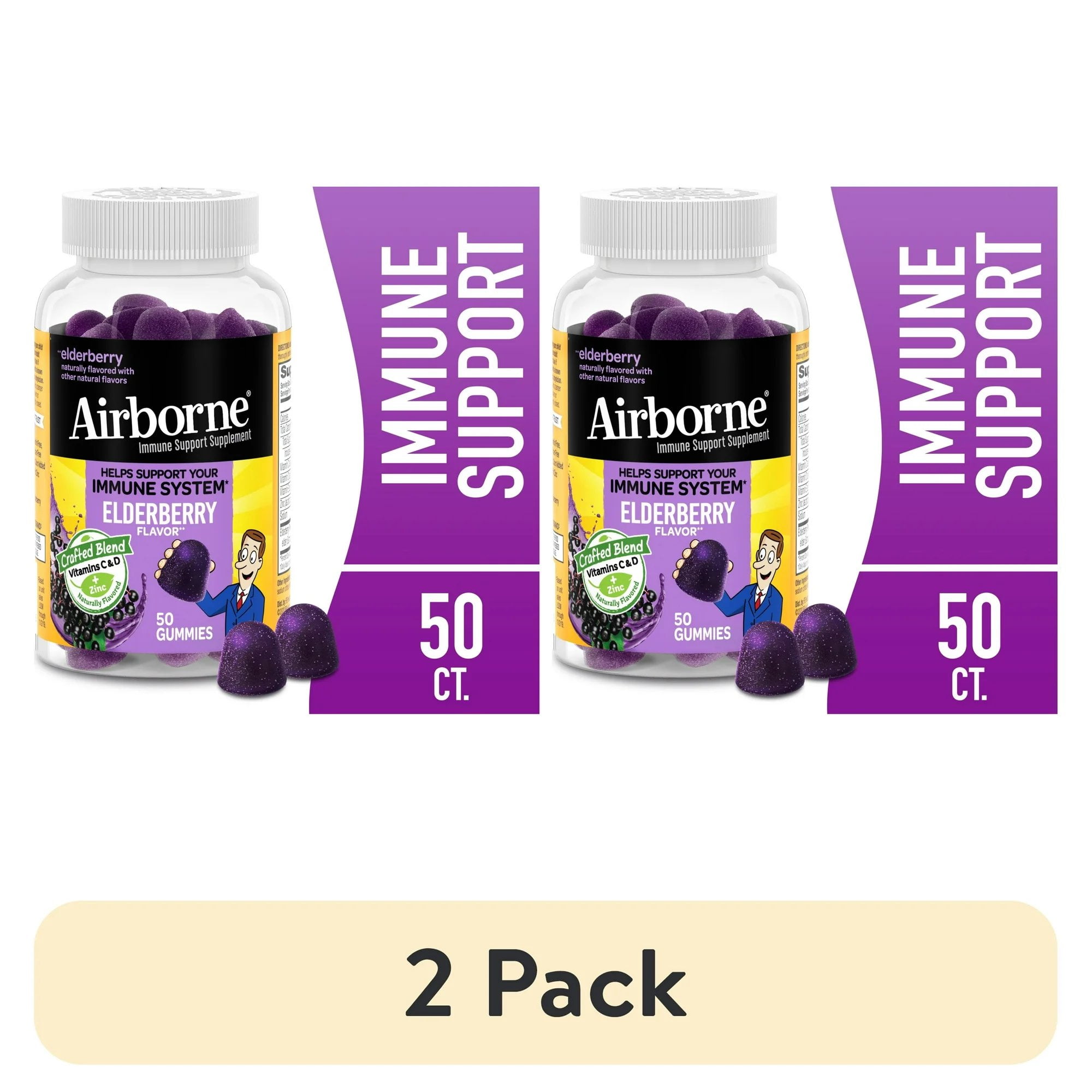 (2 pack) Airborne Vitamin C & Zinc Immune Support Gummies, Multivitamin Supplement, Elderberry Flavor, 50 ct