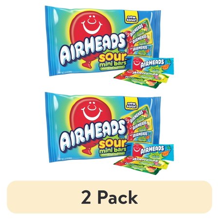 (2 pack) Airheads Sour Mini Candy Bars, Taffy Candy Assorted Bag, Individually Wrapped Candy, Three Assorted Flavors, 12 Oz Bag