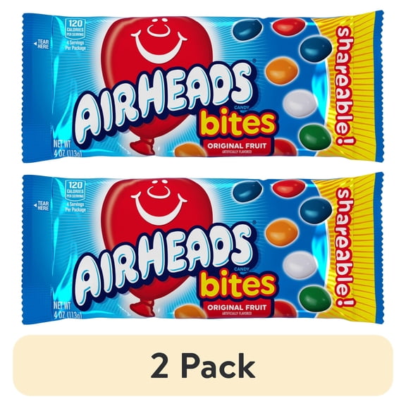 (2 pack) Airheads Shareable Chewy Candy Bites, Assorted Fruit Flavor, Nut Free, Regular Size, 4 oz