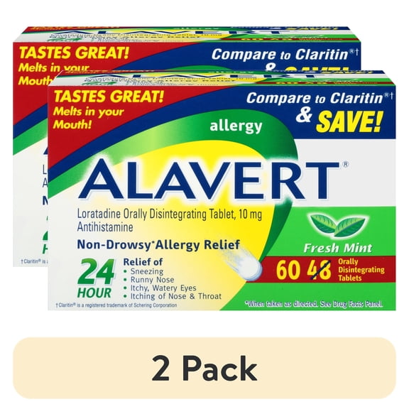 (2 pack) Alavert Loratadine Allergy 24-Hour Relief (Fresh Mint Flavor Orally Disintegrating Tablets), Non-Drowsy, Antihistamine, 60 Count (Pack of 1)