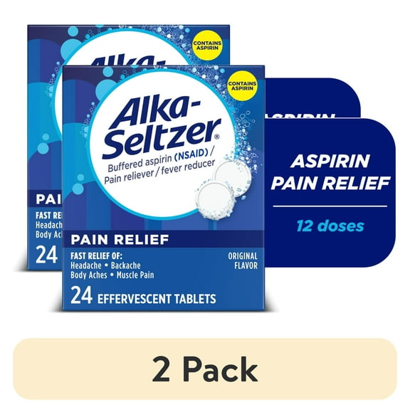 (2 pack) Alka-Seltzer Pain Relief, Aspirin Effervescent Tablets for Fast Pain Relief, Package May Vary 24 Ct