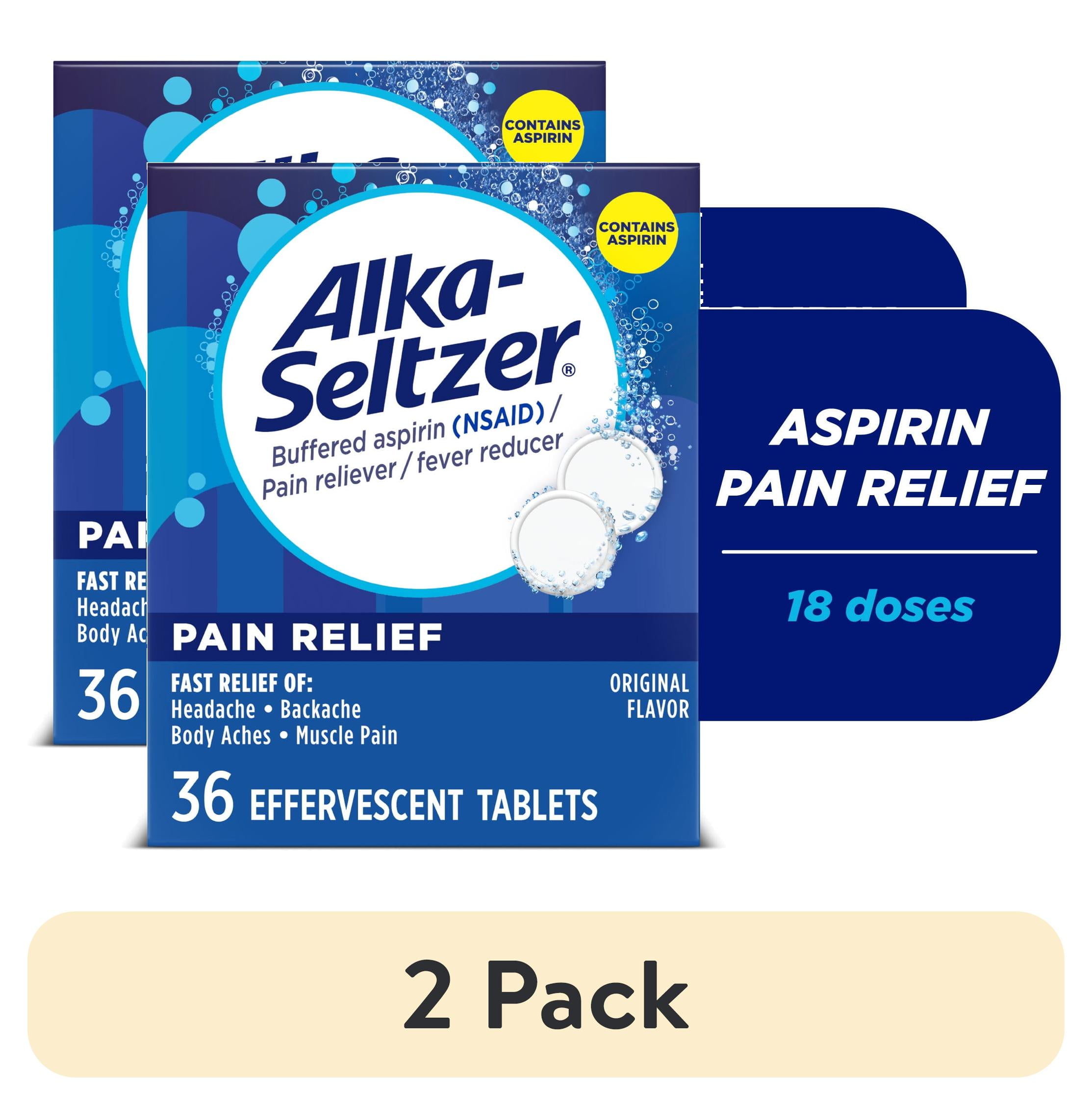 (2 pack) Alka-Seltzer Pain Relief, Aspirin Effervescent Tablets for Fast Pain Relief, Package May Vary 36 Ct