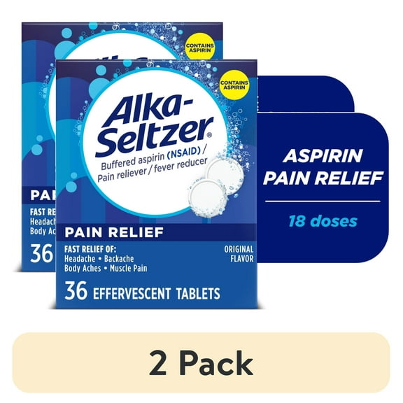 (2 pack) Alka-Seltzer Pain Relief, Aspirin Effervescent Tablets for Fast Pain Relief, Package May Vary 36 Ct