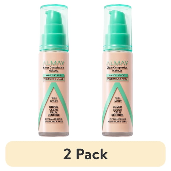 (2 pack) Almay Clear Complexion Foundation Makeup, Hypoallergenic, 100 Ivory, 1 fl oz
