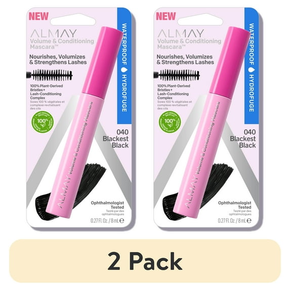 (2 pack) Almay Volume and Conditioning Waterproof Mascara, 40 Blackest Black Waterproof, 0.27 fl oz