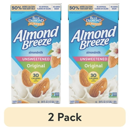 (2 pack) Almond Breeze, Unsweetened Original Almondmilk, 64 oz, Shelf Stable, Cardboard Carton