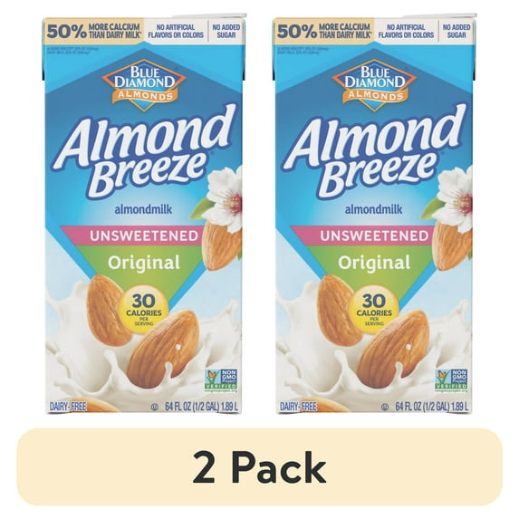 (2 pack) Almond Breeze, Unsweetened Original Almondmilk, 64 oz, Shelf Stable, Cardboard Carton