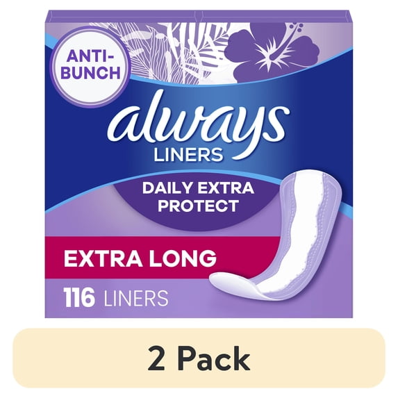 (2 pack) Always Anti-Bunch Xtra Protection Daily Liners, Extra Long, Unscented, 116 CT