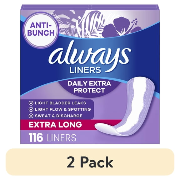 (2 pack) Always Anti-Bunch Xtra Protection Daily Liners, Extra Long, Unscented, 116 CT