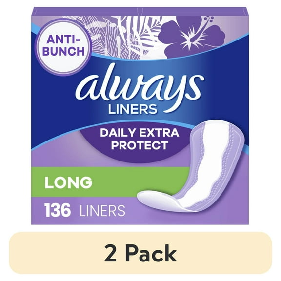 (2 pack) Always Anti-Bunch Xtra Protection Daily Liners, Long, Unscented, 136 CT