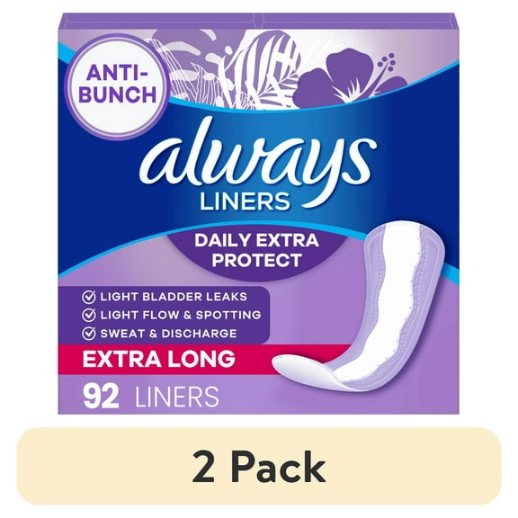(2 pack) Always Daily Extra Protect Panty Liners, Extra Long Length, Unscented, 92 Count