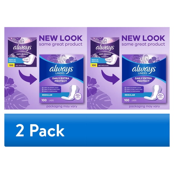 (2 pack) Always Daily Extra Protect Panty Liners, Regular Length, Unscented, 100 Count