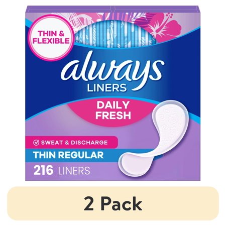 (2 pack) Always Daily Fresh Thin Panty Liners, Regular Absorbency, Unscented, 216 Count
