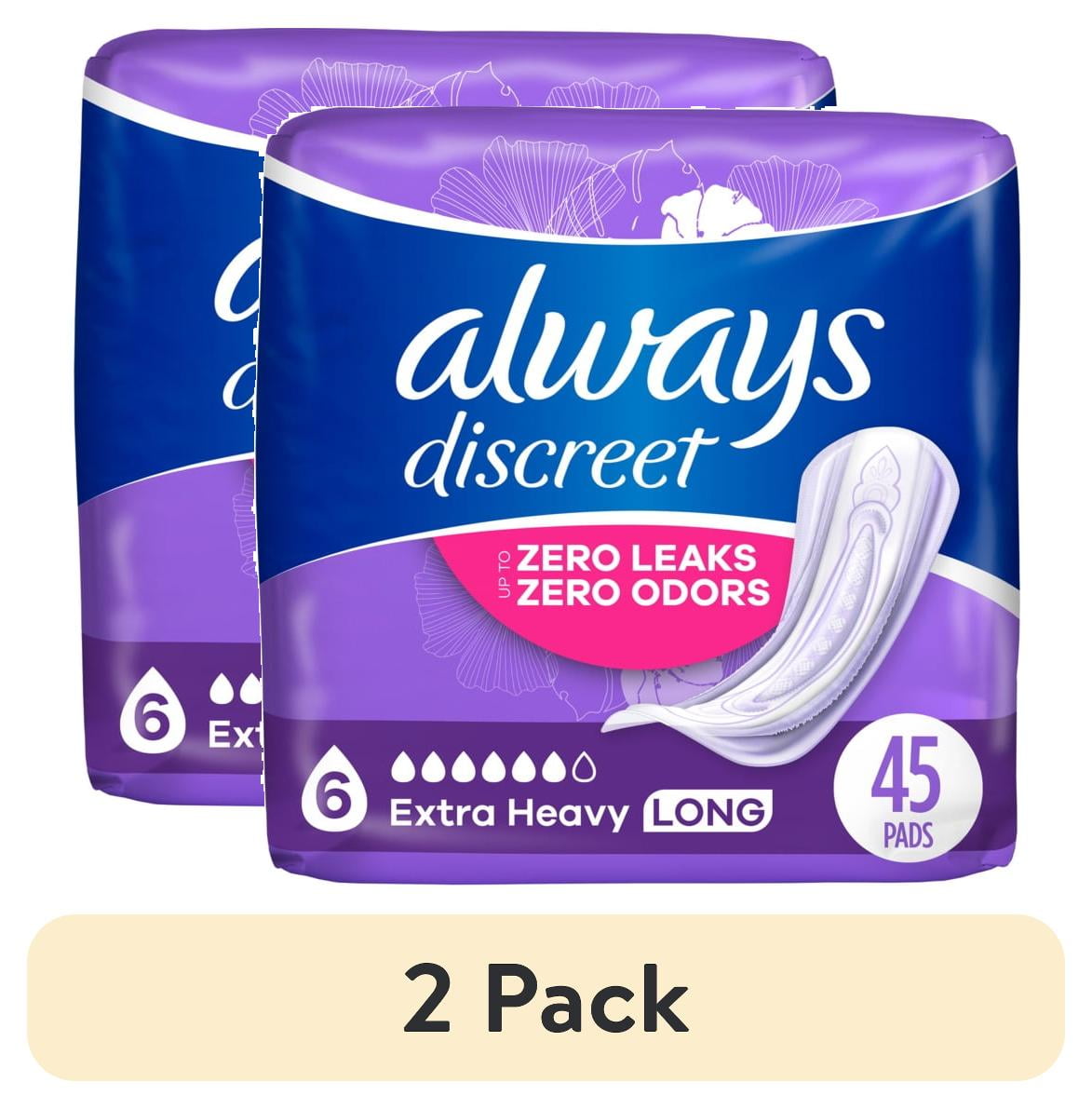 (2 pack) Always Discreet Adult Incontinence Pads for Women, Extra Heavy Absorbency, Long Length, Postpartum Pads, 45 Count