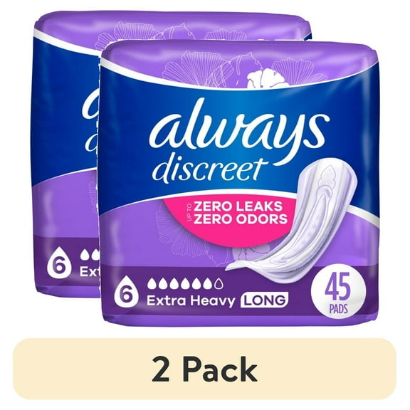 (2 pack) Always Discreet Adult Incontinence Pads for Women, Extra Heavy Absorbency, Long Length, Postpartum Pads, 45 Count