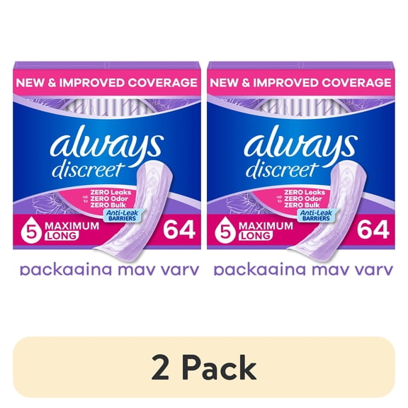(2 pack) Always Discreet Adult Incontinence Pads for Women, Heavy Absorbency, Long Length, Postpartum Pads, 64 Count