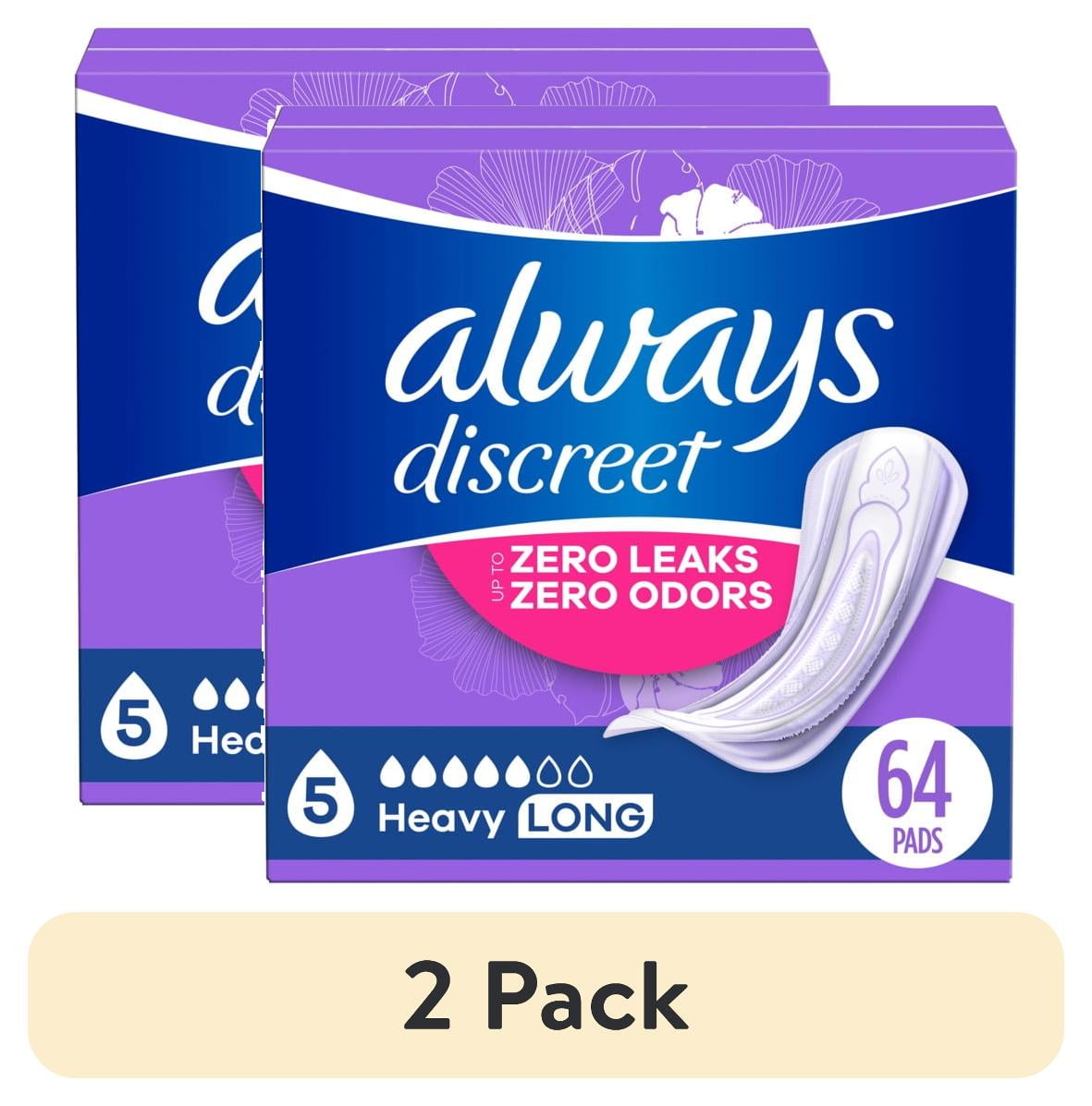 (2 pack) Always Discreet Adult Incontinence Pads for Women, Heavy Absorbency, Long Length, Postpartum Pads, 64 Count
