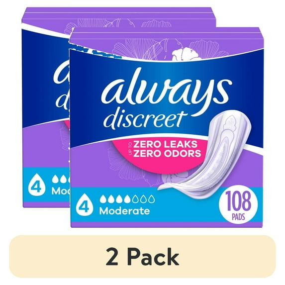 (2 pack) Always Discreet Adult Incontinence Pads for Women, Moderate Absorbency, Regular Length, Postpartum Pads, 108 Count