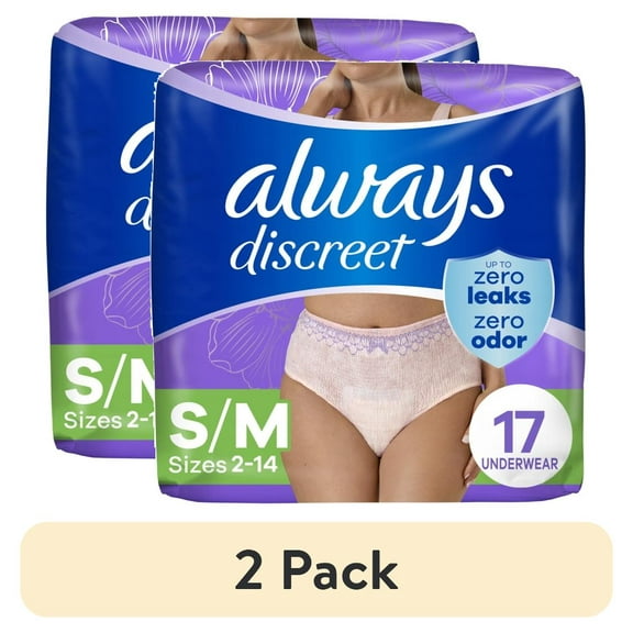 (2 pack) Always Discreet Adult Incontinence Underwear for Women and Postpartum Underwear, s/m, up to 100% Bladder Leak Protection, 17 Count
