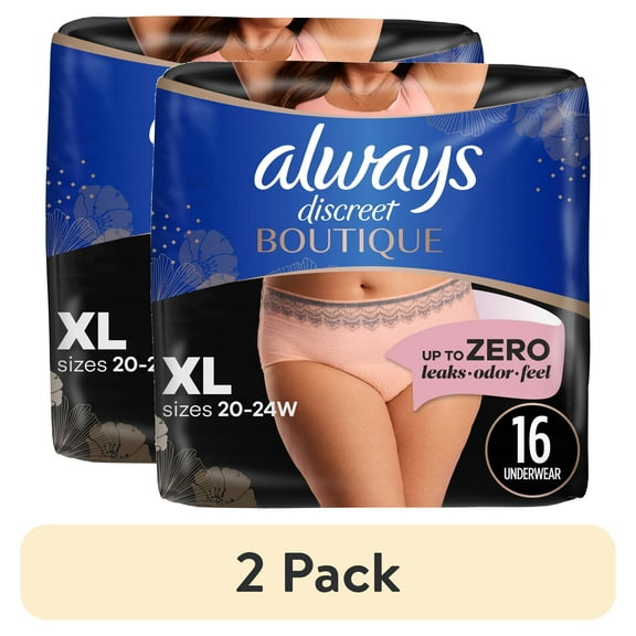 (2 pack) Always Discreet Boutique Incontinence Underwear, Maximum Protection, Size XL, Rosy, 16 Ct