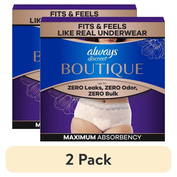 (2 pack) Always Discreet Boutique Incontinence and Postpartum Underwear for Women, Maximum Protection, L, Rosy, 44 Count