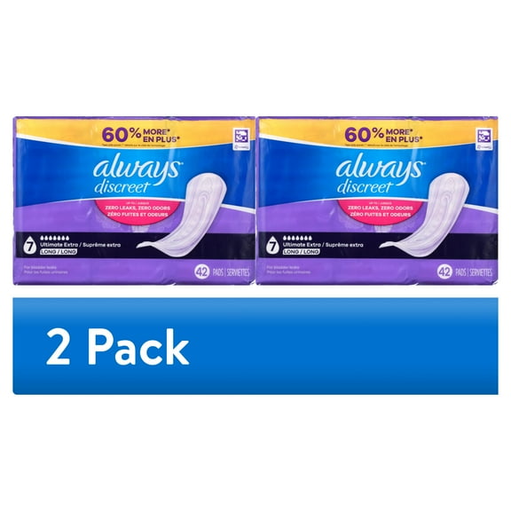 (2 pack) Always Discreet Adult Incontinence Pads for Women, Ultimate Extra Absorbency, Long Length, Postpartum Pads, 42 Count