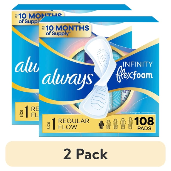 (2 pack) Always Infinity Feminine Pads for Women, Size 1 Regular, with Wings, Unscented, 108 Count