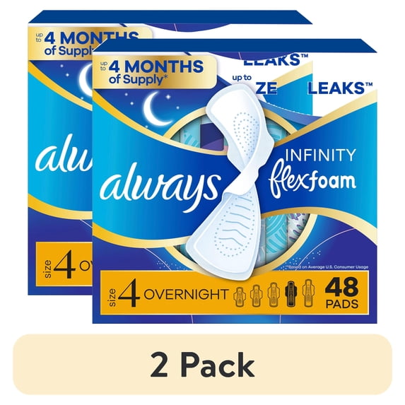 (2 pack) Always Infinity FlexFoam Pads, Size 4, Overnight, Wings, Unscented, 48 Count