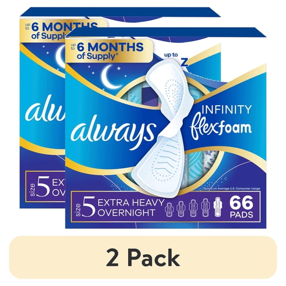 (2 pack) Always Infinity FlexFoam Pads, Size 5, Extra Heavy Overnight, Wings, Unscented, 66 Count