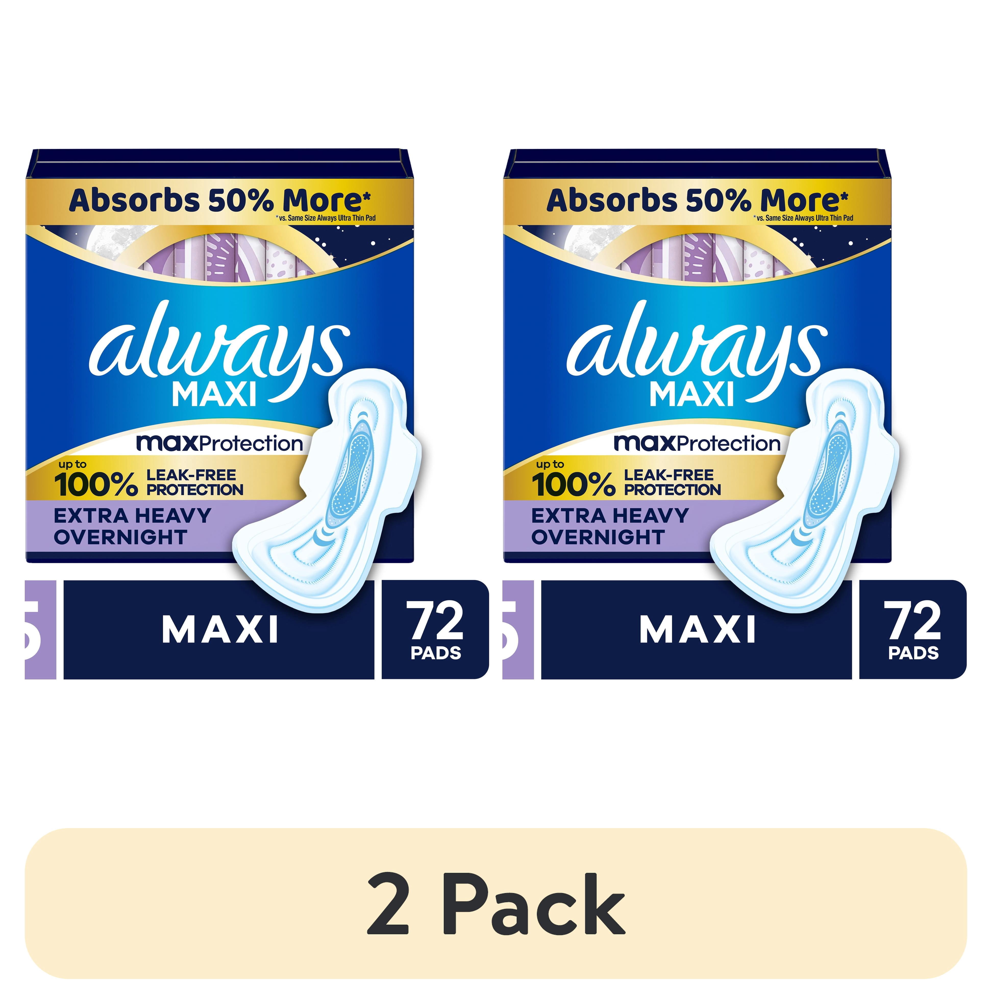 (2 pack) Always Maxi Pads for Women, Extra Heavy Overnight Pad with Wings, Size 5, Unscented, 72 Count