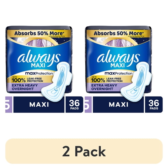 (2 pack) Always Maxi Pads with Wings, Size 5, Extra Heavy Overnight, 36 Count