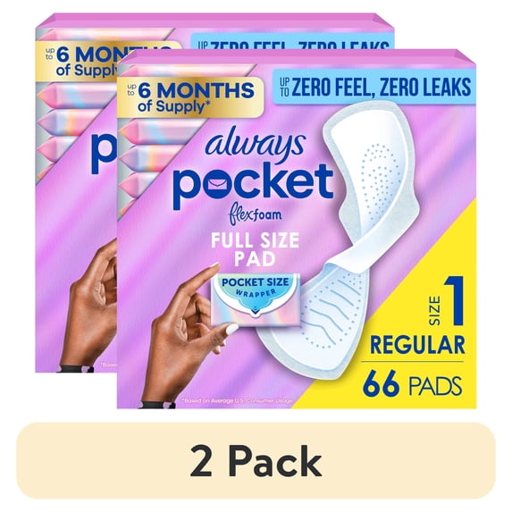 (2 pack) Always Pocket FlexFoam Pads, Size 1, Regular, Wings, Unscented, 66 Count