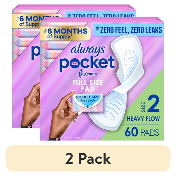 (2 pack) Always Pocket FlexFoam Pads, Size 2, Heavy, Wings, Unscented, 60 Count
